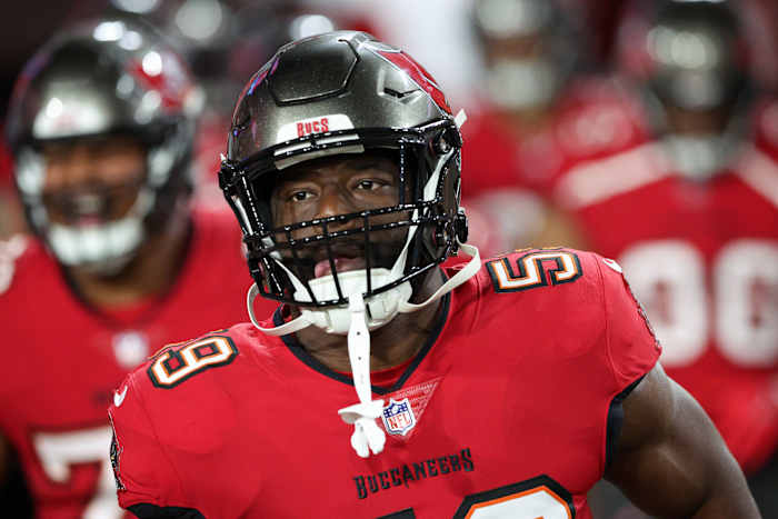 Dec 5, 2022; Tampa, Florida, USA; Tampa Bay Buccaneers linebacker Genard Avery (59) takes the field before a game against the New Orleans Saints at Raymond James Stadium. Mandatory Credit: Nathan Ray Seebeck-USA TODAY Sports